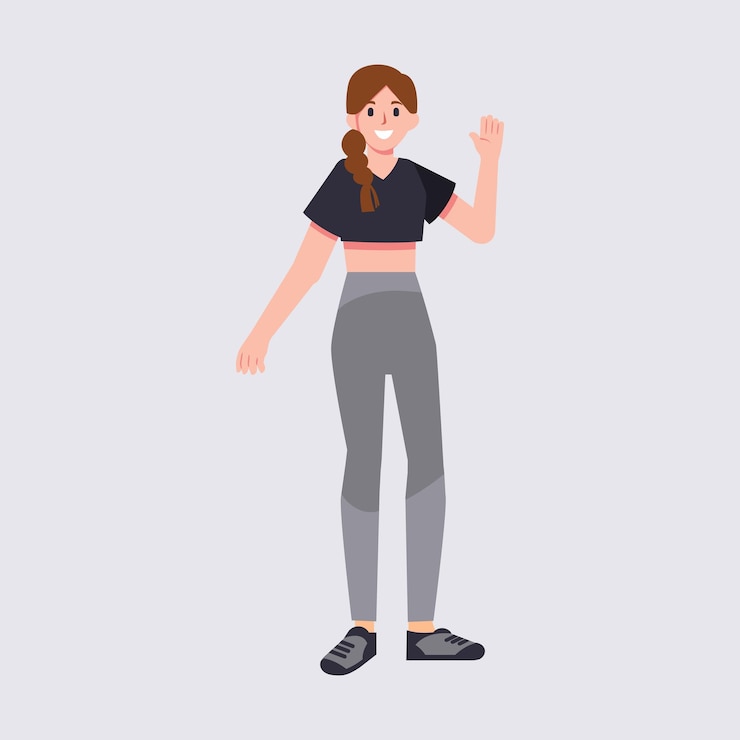 Vector un personaje de mujer de negocios o estudiante en ropa casual chica linda dice hola ilustración vectorial en estilo plano