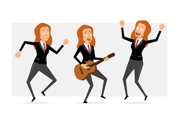 Personaje de mujer de negocios pelirroja divertida plana de dibujos animados en traje negro con corbata roja. chica saltando, bailando y tocando rock en la guitarra. listo para la animación. aislado sobre fondo gris. conjunto.