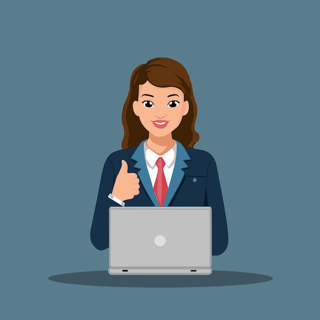 Personaje de mujer de negocios en uniforme de traje empleados en el trabajo mujer usando portátil y pulgares hacia arriba