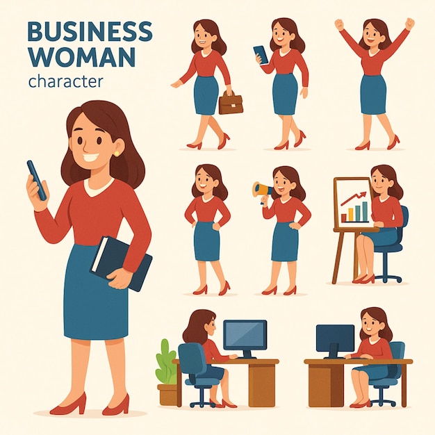 Personaje de mujer de negocios en varias poses