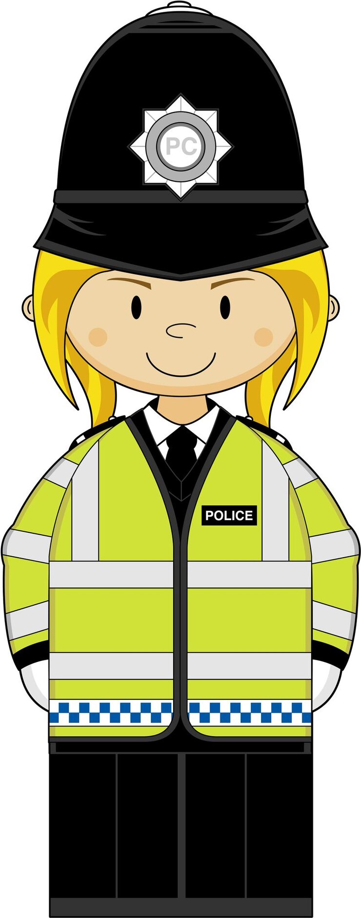 Personaje de mujer policía británica de dibujos animados en ilustración de servicios de emergencia de chaqueta de alta visibilidad