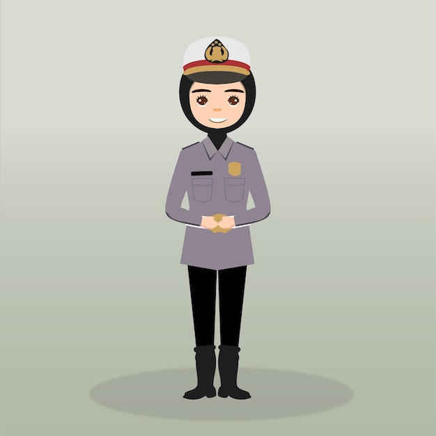 Vector personaje de mujer policía hijab usando uniforme en pose de acción personaje de dibujos animados