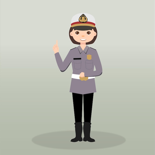 Vector personaje de mujer policía usando uniforme en pose de acción personaje de dibujos animados