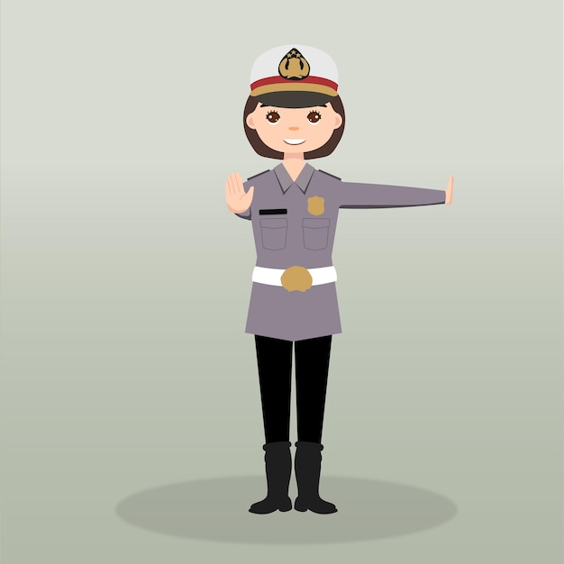 Vector personaje de mujer policía usando uniforme en pose de acción personaje de dibujos animados