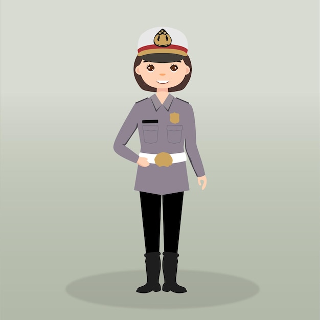 Vector personaje de mujer policía usando uniforme en pose de acción personaje de dibujos animados