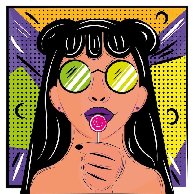 Personaje de mujer retro comiendo piruleta página cómica ilustración vectorial