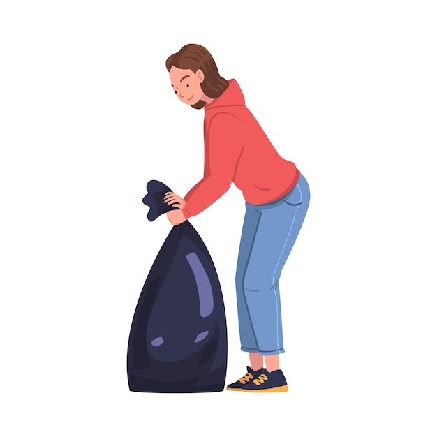 Personaje de mujer con saco recogiendo basura limpiando calles ilustración vectorial