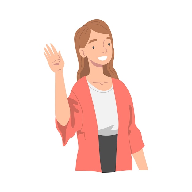 Personaje de mujer sonriente agitando la mano como saludo y gesto de saludo Ilustración vectorial