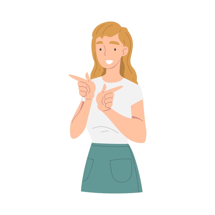 Vector personaje de mujer sonriente señalando con el dedo índice como ilustración vectorial de gesto de la mano