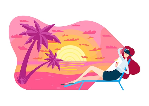 Personaje de mujer sostener cóctel relajarse playa de arena tropical realidad virtual mundo viaje de vacaciones aislado