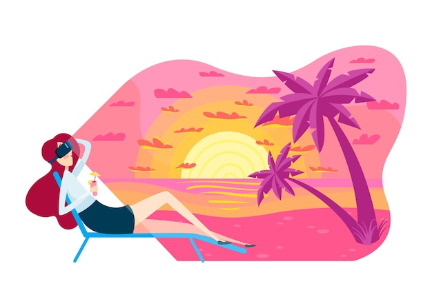 Vector personaje de mujer sostenga cóctel relax playa de arena tropical viaje de vacaciones mundial de realidad virtual aislado en ilustración de vector de dibujos animados blanco