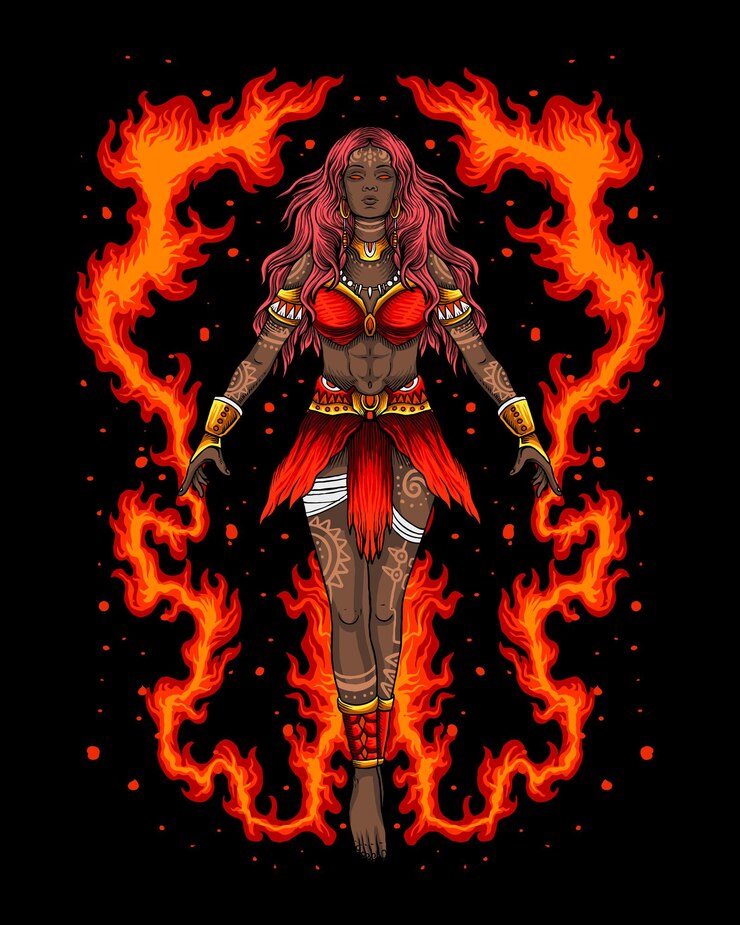 Vector personaje de mujer de tribu hechicero de fuego