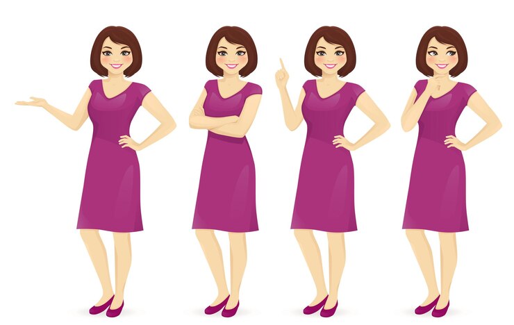 Vector personaje de mujer en vestido con diferentes gestos.