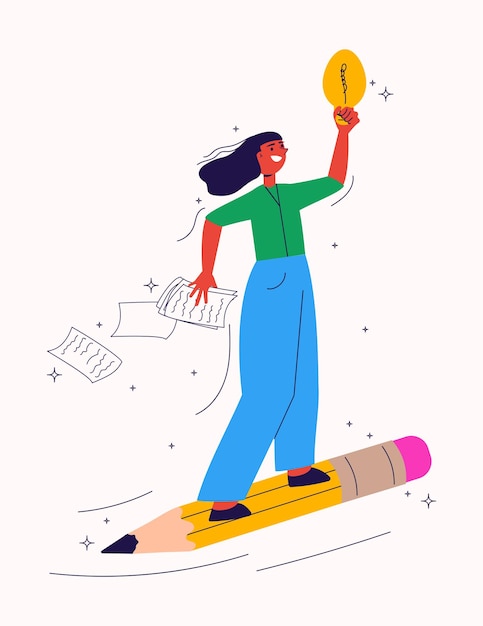 Personaje de mujer volando en la ilustración de vector de lápiz grande