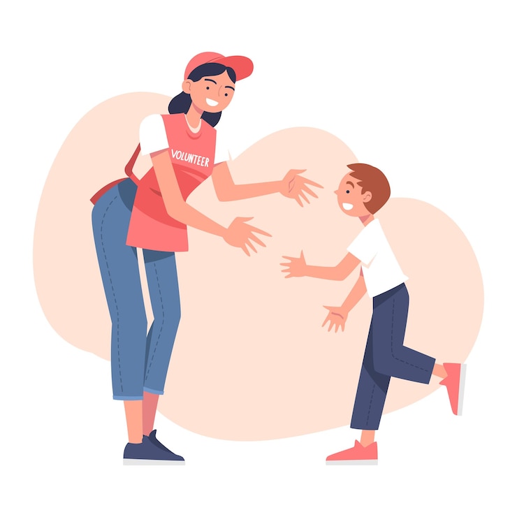 Vector personaje de mujer voluntaria que se encuentra con un niño pequeño con una ilustración vectorial de gesto de mano de bienvenida
