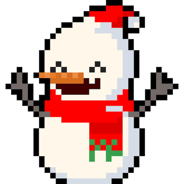 El personaje del muñeco de nieve de la caricatura de pixel art de Feliz Navidad