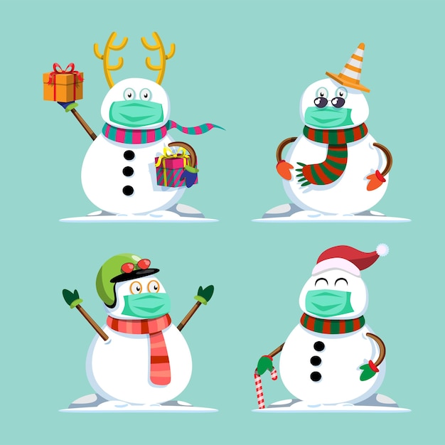 Personaje de muñeco de nieve con máscaras en varias poses y emociones.