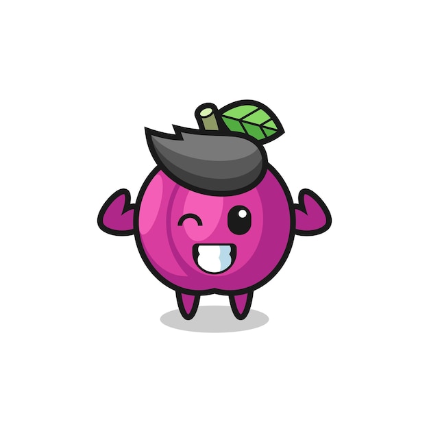 El personaje musculoso de la fruta de ciruela está posando mostrando sus músculos, diseño de estilo lindo para camiseta, pegatina, elemento de logotipo