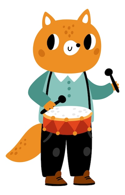 Vector personaje de músico fox animal lindo reproductor de música de cuento de hadas