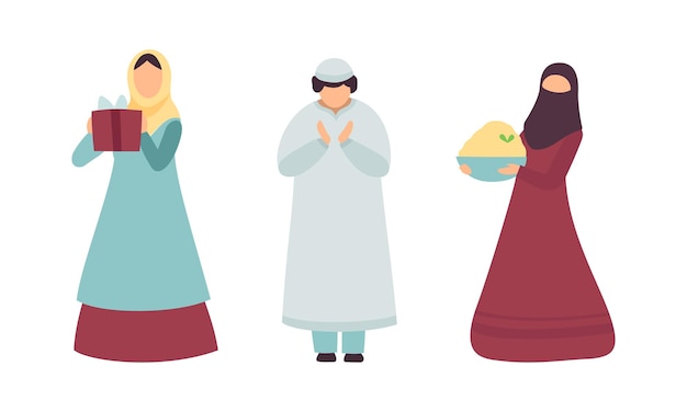 Personaje musulmán en ropa tradicional saludando y sosteniendo la ilustración vectorial de la caja de regalos