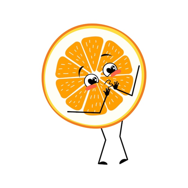 Vector personaje naranja con emociones de amor, cara de sonrisa, brazos y piernas. persona de rebanada de cítricos con expresión feliz, emoticon de fruta