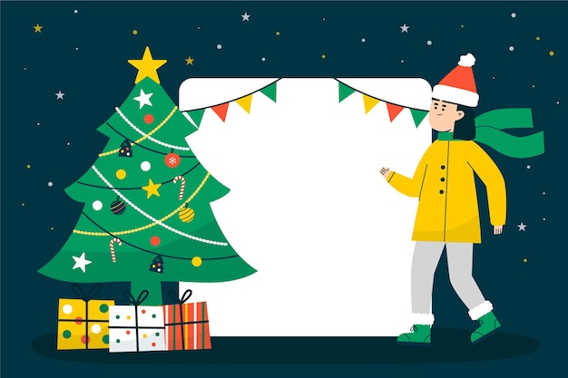 Personaje de navidad con banner en blanco