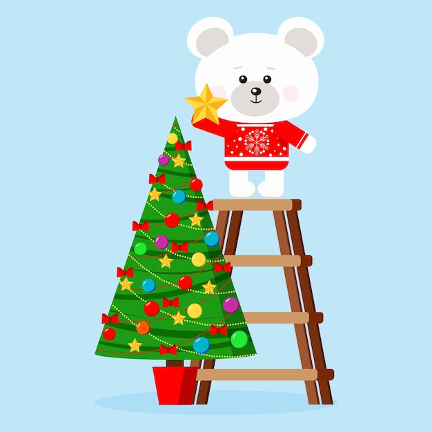 Vector personaje de navidad lindo oso polar en suéter rojo pone estrella en la parte superior del árbol de navidad decorado aislado sobre fondo azul en estilo de dibujos animados. feliz navidad. ilustración de diseño plano de vector.