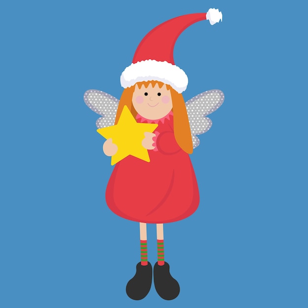 Personaje navideño de ángel vestido rojo con estrella dorada en las manos.