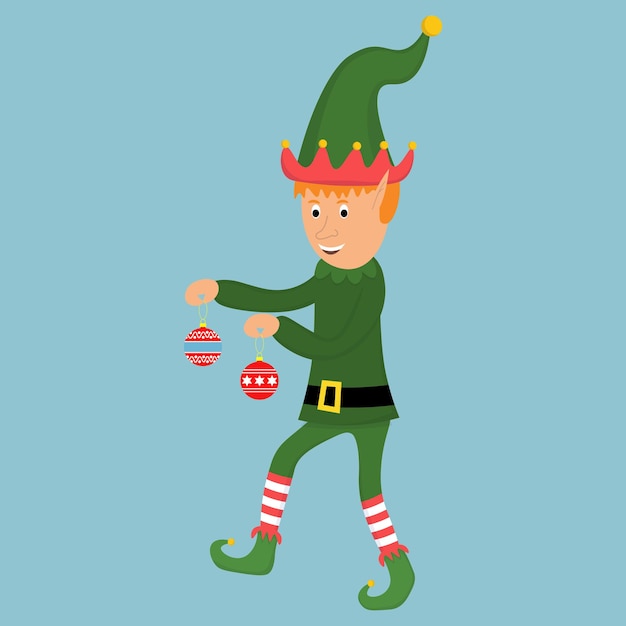 Vector personaje navideño de elfo que se escabulle y sostiene juguetes de vidrio en sus manos.