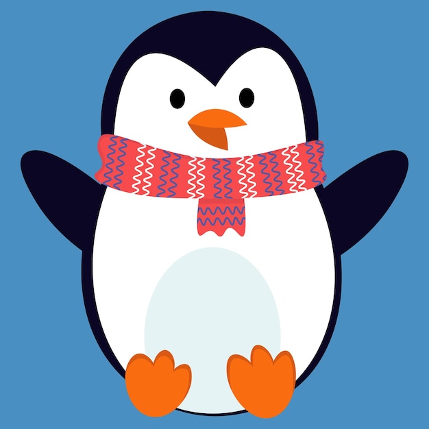 Personaje navideño de pingüino feliz con bufanda roja.