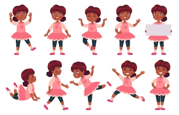 Personaje de niña afroamericana de dibujos animados plantea gestos y expresiones conjunto de vectores