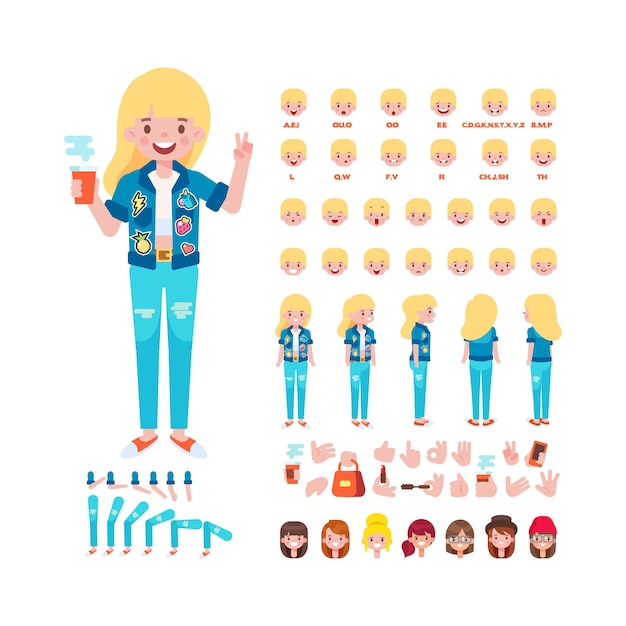Personaje de niña para animación Varios peinados emociones sincronización de labios y gestos Vista frontal posterior