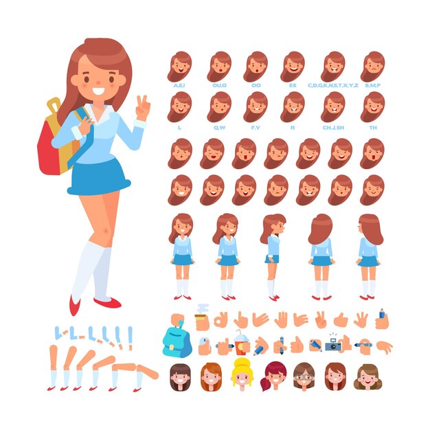Personaje de niña para animación Varios peinados emociones sincronización de labios y gestos Vista frontal posterior