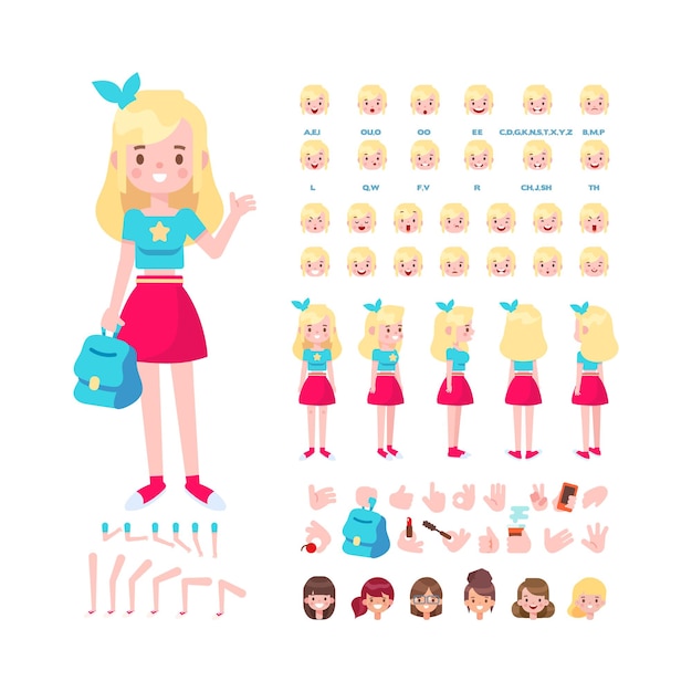 Personaje de niña para animación Varios peinados emociones sincronización de labios y gestos Vista frontal posterior