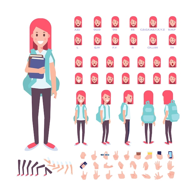Personaje de niña para animación Varios peinados sincronización de labios y gestos Vista frontal lateral posterior