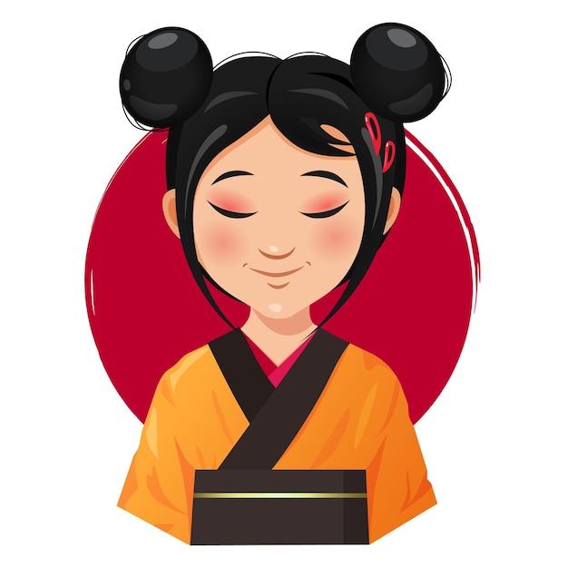 Personaje de una niña asiática en un kimono tradicional japonés