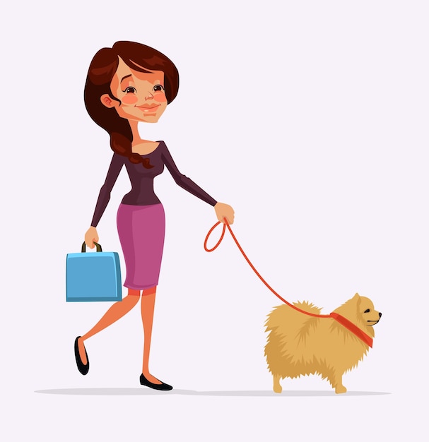 Personaje de niña caminando con personaje de perro. dibujos animados