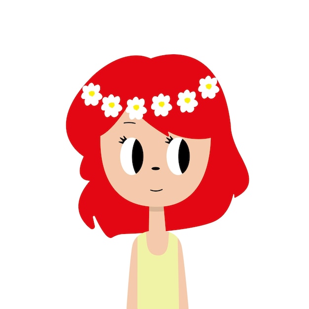 Personaje de niña de dibujos animados con cabello rojo y una corona de flores Vector Premium