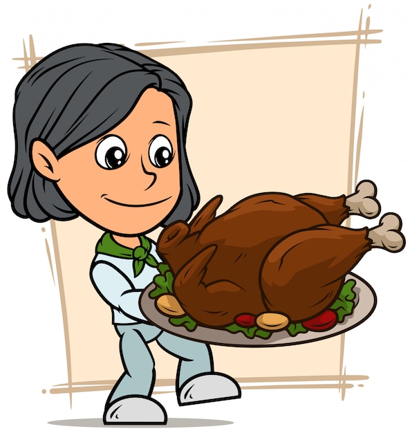 Personaje de niña de dibujos animados con pavo frito en bandeja