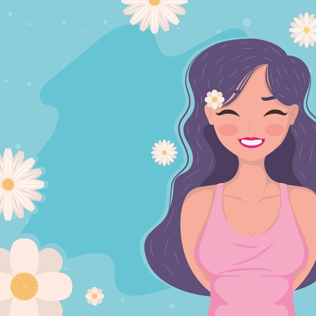 Vector personaje de niña y flores del día de la mujer.