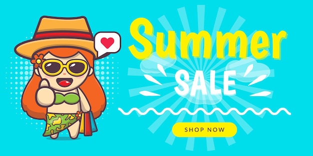 Personaje de niña linda con banner de saludo de venta de verano