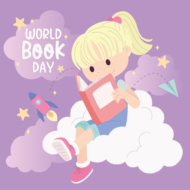 Personaje de niña linda leyendo un libro Plantilla del día mundial del libro Vector