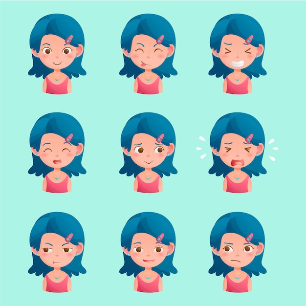 Vector personaje de niña mujer con varias expresiones faciales para animación.