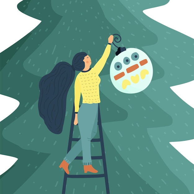 Personaje de niña pequeña decorar árbol de navidad ilustración de vector de estilo plano