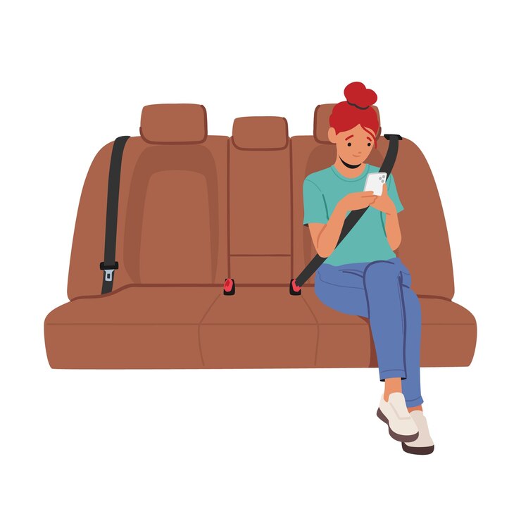 Vector personaje de niña sentada en el asiento del automóvil con teléfono inteligente seguridad infantil y concepto de viaje cómodo con niño feliz