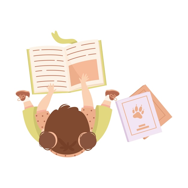 Personaje de niña sentada y leyendo un libro sobre la vista ilustración vectorial Niño divertido disfrutando de una actividad recreativa