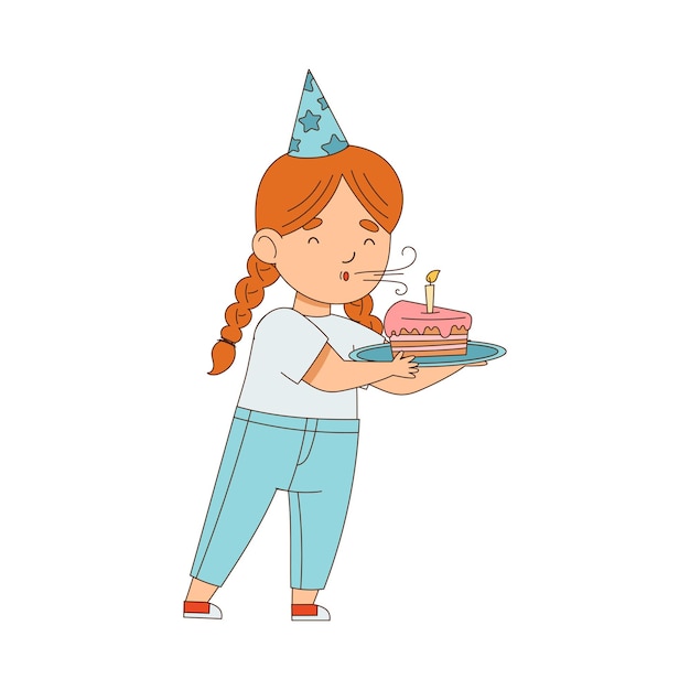 Personaje de niña con sombrero de cumpleaños cargando pastel soplando velas Ilustración vectorial