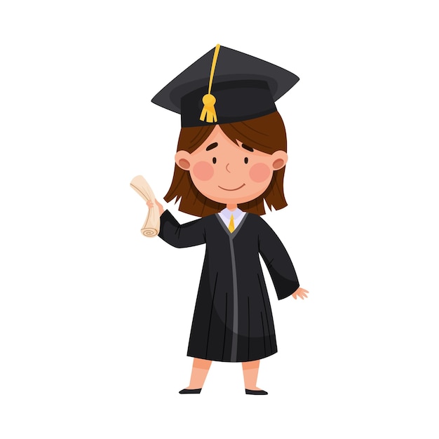 Personaje de niña sonriente en bata académica y gorra cuadrada encantada con la ilustración vectorial de la ceremonia de graduación