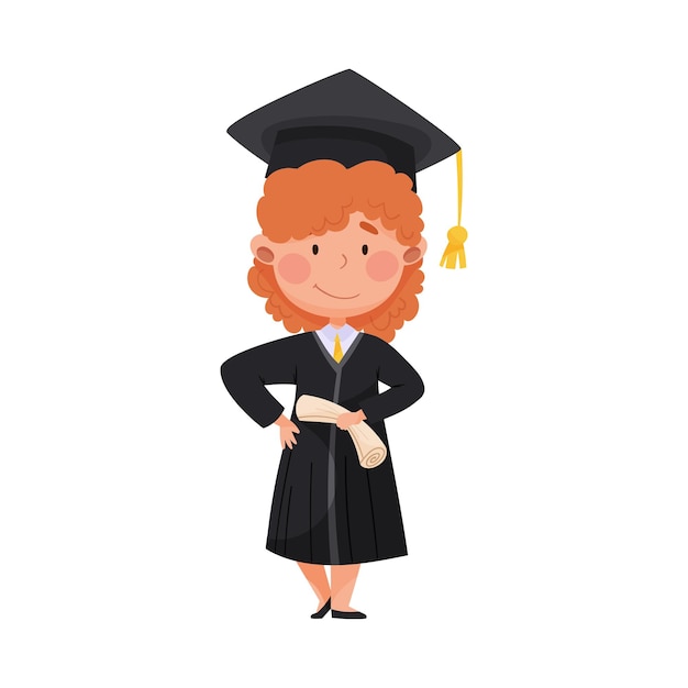 Personaje de niña sonriente en bata académica y gorra cuadrada encantada con la ilustración vectorial de la ceremonia de graduación