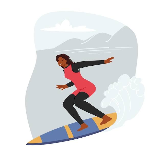 Personaje de niña de surf joven montando olas oceánicas a bordo, actividad de surf de verano, recreación deportiva, pasatiempo de ocio marino. mujer sonriente emocionada diversión al aire libre y aventura en el mar. ilustración vectorial de dibujos animados